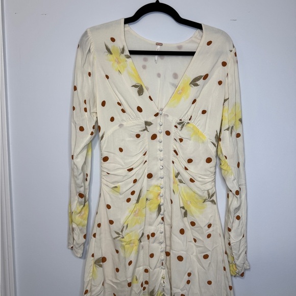 Free People Long Sleeve Mini Dress Polka Dot Button Front Cream Yellow S - Picture 2 of 14